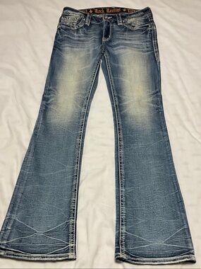 Y2K Rock Revival Katydid Bootcut Jeans Size 28 Rhinestone Accents Thick Stitch